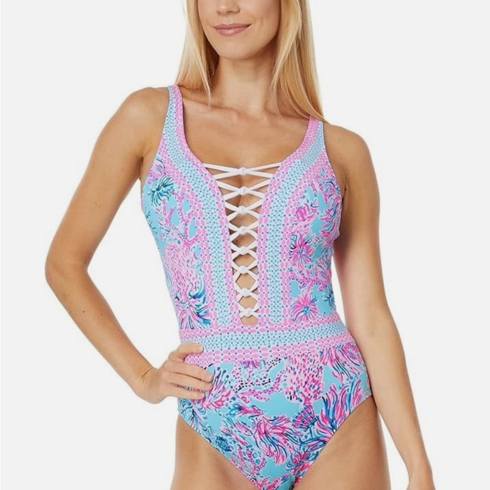 Lilly Pulitzer Caseylee Lattice One Piece Swimsuit Blue and Pink